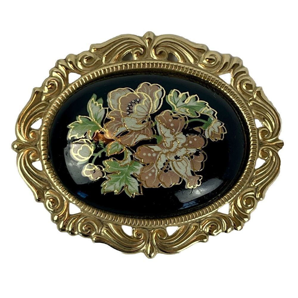 Vintage Floral Cameo Style Brooch Gold Tone Black Enamel Ornate Oval Pin
